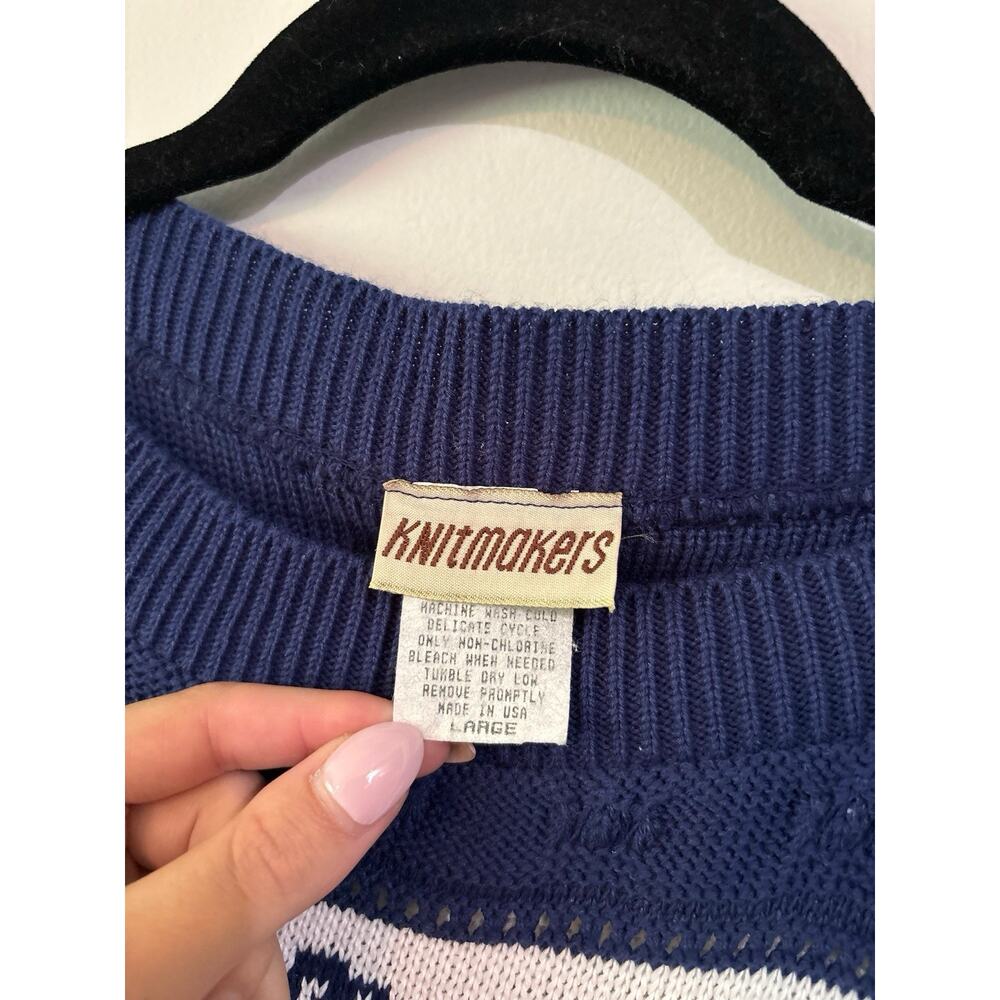 VINTAGE Knitmakers Fish Nautical Sweater Women Large Short Sleeve Navy White - Picture 4 of 6